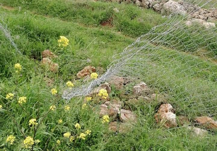 السّياج الذي تم تخريبه على يد المستوطنين في ارض بلال بدوي، قريوت، 20.3.2021