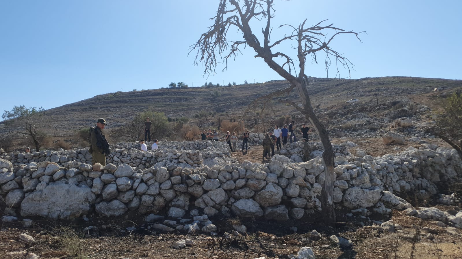 מתנחלים וחיילים באדמות תושבי בורין. התמונה באדיבות החקלאים 