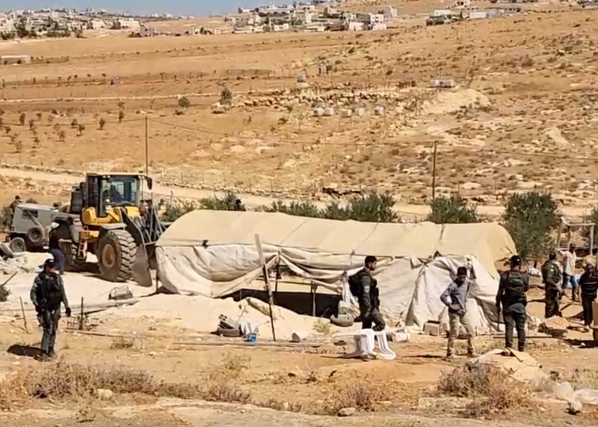 Demolition of the residential tent in al-Jawaya. Photo: Nasser Nawaj’ah, B’Tselem, 23 July 2024