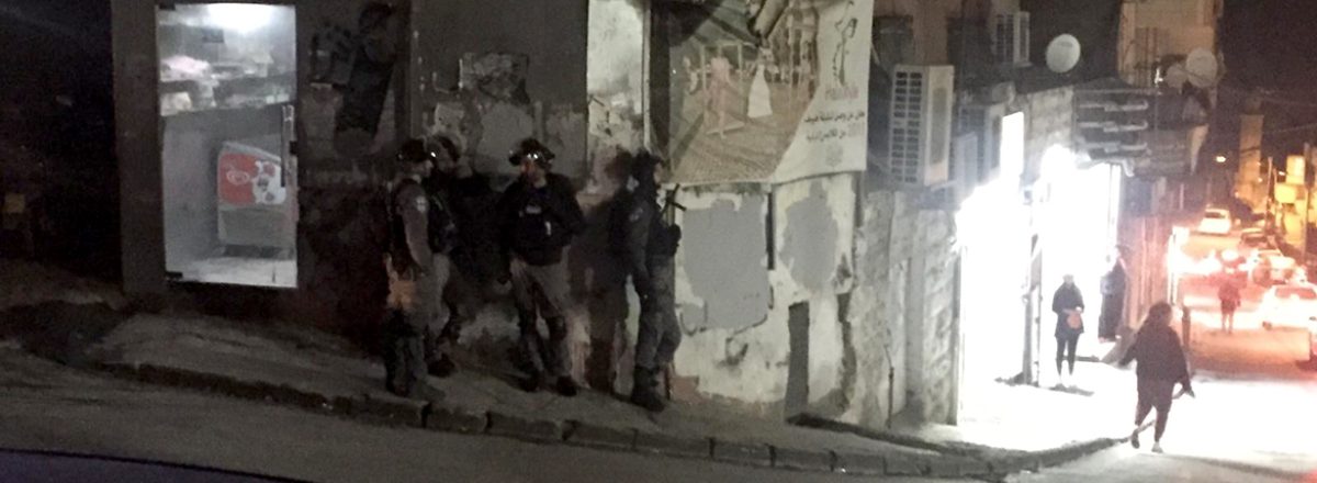 Police in al-'Esawiyah, 7 March 2020. Photo by: Documentation and solidarity watch, "Free Jerusalem" collective.   Police arresting a youth in al-'Esawiyah this week. Source: Video documentation of neighborhood resident".