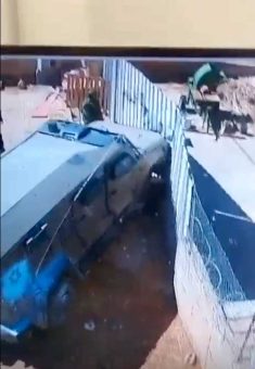 Military vehicle breaking the gate of M.K.’s farm in Turmusaya. Stills from video courtesy of residents