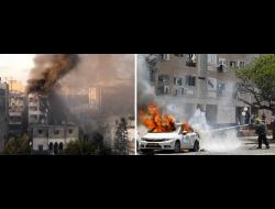 מימין: הפצצה בעזה. צילום: מוחמד סבאח, בצלם. משמאל: מכונית שנפגעה מרקטה באשקלון. צילום: ניר אליאס, רויטרס.