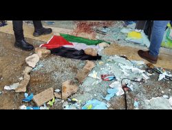 Destruction and blood at the entrance to the café. Photo: Salma a-Deb’i, B’Tselem