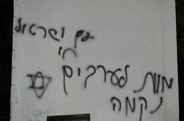 הכתובות "מוות לערבים", "נקמה" ו"עם ישראל חי" שריססו המתנחלים על קיר המבנה. התמונה באדיבות התושבים