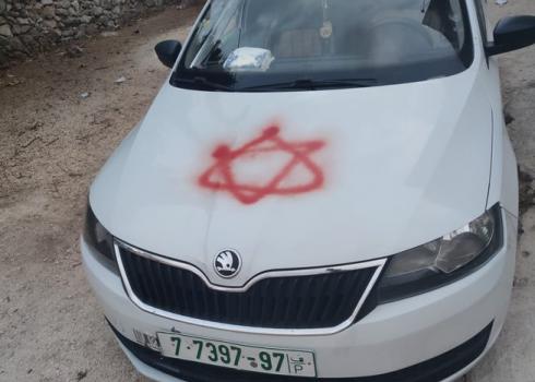 A Star of David graffitied on a car in the village of Marda. Photo courtesy of the residents 