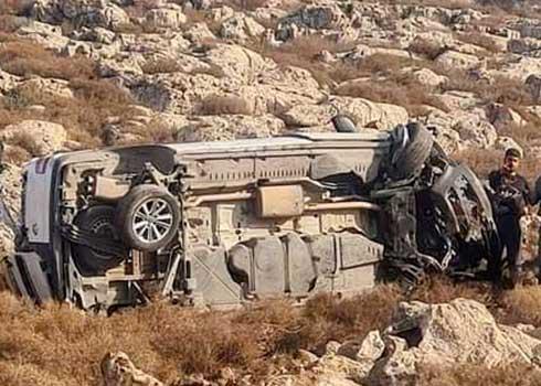 A car overturned after being attacked by settlers. The driver, Kharaz, is still in hospital and faces lengthy rehabilitation. Photo courtesy of the family.