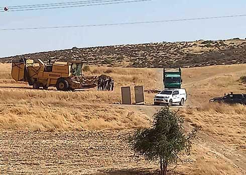 Civil Administration and Settlement Council vehicles near the harvesting machine and the confiscated vehicle. Photo courtesy of the farmers 