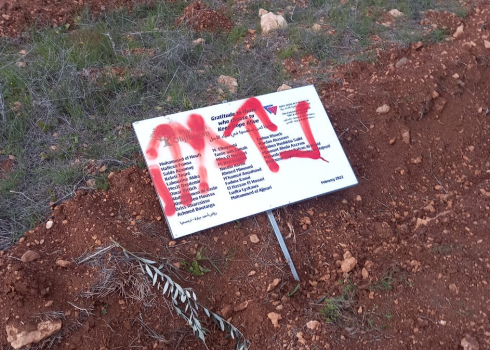 כתובת שריססו המתנחלים במטע הזיתים. התמונה באדיבות החקלאים 