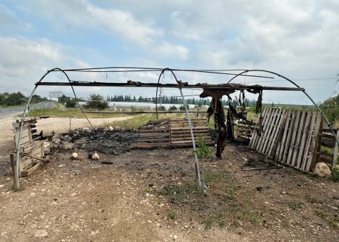 שיירי הדוכן שנשרף ליד דוכן ירקות נוסף. צילום: עארף דראר'מה, בצלם, 14.4.24   