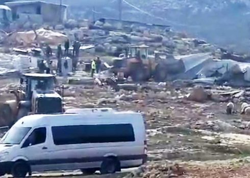 Demolition of one of the structures in Khirbet a-Twayel. Photo courtesy of residents