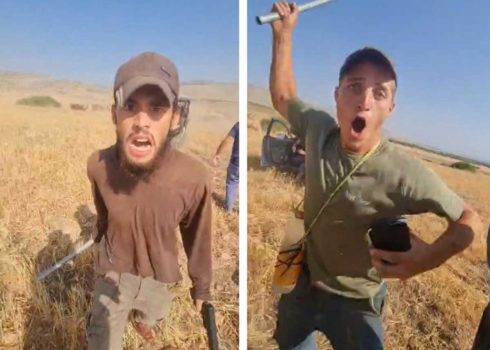 Settlers threatening farmers in their fields in the Qa‘un Plain. Stills from video footage courtesy of local residents