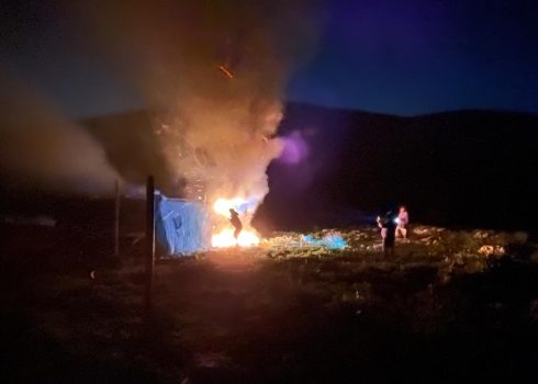 Settlers setting fire to the empty livestock enclosure on 12 February 2026. Photo courtesy of Jordan Valley activists 