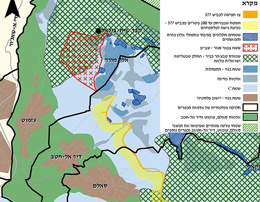 מפה מס' 4: אמצעי ההשתלטות הרשמיים של ישראל על אדמות הכפרים עזמוט, דיר אל-חטב וסאלם