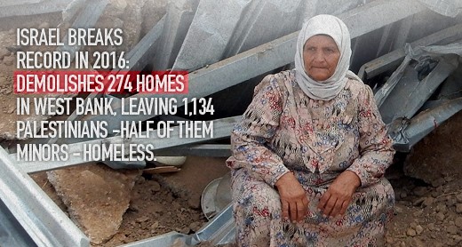 Israel breaks record in 2016: Demolishes 274 homes in West Bank, leaving 1,134 Palestinians - half of them minors - homeless.