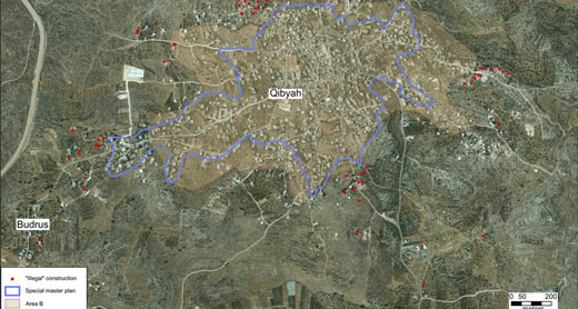 Aerial photograph of Qibyah, marked with borders of 2007 master plan, “illegal” construction and Area B borders.